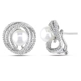 Sterling Silver Freshwater Cultured Pearl and Diamond Ear-Pin Earrings, (0.25 cttw, G-H Color, I3 Clarity)