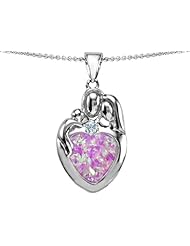 Original Star K (tm) Large Loving Mother Father With Child Family Pendant With 12mm Heart Created Pink Opal in 925 Sterling Silver