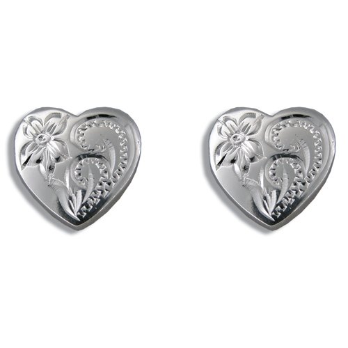 Sterling Silver Hawaiian Hand Engraved Heart Shape Earrings