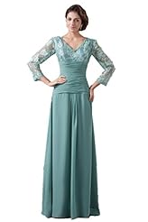 V-neck Floor Length Long Sleeves Lace Chiffon Sheath Mother-of-the-Bride Dress 