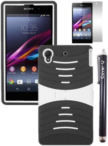 Cover-U® Sony Xperia Z1S C6916 Black Skin Armor Case Rugged Case White with Stand Included [Free Premium Screen Guard + Free Cover U (TM) Stylus Pen + Anti-Dust Plug]