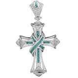 14K White Gold Mens Diamond Cross Pendant with Blue Diamonds 3.35 Ctw