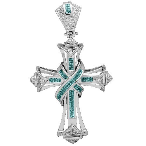 14K White Gold Mens Diamond Cross Pendant with Blue Diamonds 3.35 Ctw