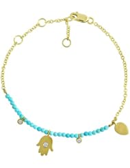 Meira T 14k Yellow Gold Turquoise Beaded Diamond Hamsa Bracelet Accented with Bezel Set Diamonds
