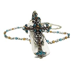 Gold Teal Crystal Studded Cross Pendant Necklace Fashion Jewelry