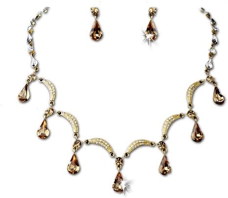 Gold-Tone Brown Crystal Teardops Necklace Earring Set Bridal Jewelry