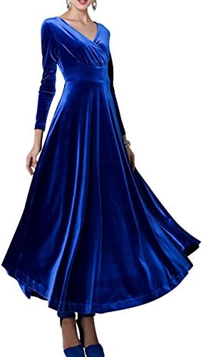 YIBEIZI Women's New Vintage V-Neck High Waist Long Sleeve Long Evening Dress Blue XL
