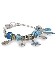 Silver Tone Metal and Glass Bead Charm Bracelet, 7.5"