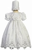 Hot Sale White Shantung Christening Baptism Dress with Cutwork Accents and Bonnet - XS (0-3 Month)
