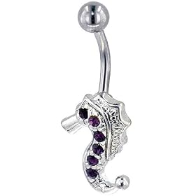 Pugster Purple Crystal Seahorse Dangle Belly Ring by Crystal Steel Belly Rings
