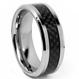 Men's Tungsten Carbide Ring 8mm Beautifully Crafted Real Carbon Fiber Inlay Brushed Metal Design with High Polished Grooved Edges Wedding Band, Size 11 (More Size Available)