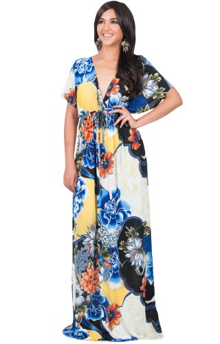 KOH KOH Womens Long V-Neck Summer Short Sleeve Floral Print Sexy Gown Maxi Dress