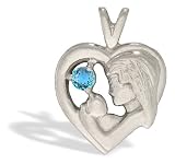 14K White Gold Genuine Round Blue Topaz Mother with Child Pendant