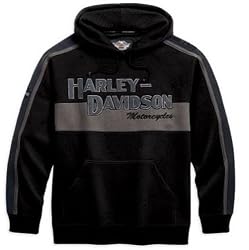 Harley-Davidson&reg; Men's Prestige Hooded Pullover Sweatshirt. Patches on sleeves and appliqu&eacute; graphics on front. 99128-10VM