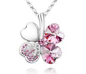 Femme Cristal Collier Trèfle à Quatre Feuilles Porte-bonheur Cristal et Chaîne chaine 18 inches en Plaqué Or Blanc 18 Carats- Pink