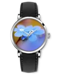 SPRAWL Aanalog Fashion Series Silver Ladies Watches of Genuine Black Leather Strap,Unique Wrist Watch for Women Girls Designed with blue Flower