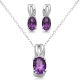 Sterling Silver Oval Amethyst and Diamond Ring, Pendant, Earring Box Set, Size 7