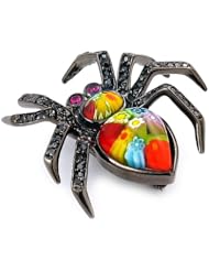 Sterling Silver Millefiori Multi Color Black Rhodium Plated Spider With CZ Animal Brooch Pin