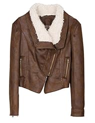 Apparel: Enjoy Fur Womens Brown Short Faux Leather Jacket with Shaggy Faux Wool Collar XS