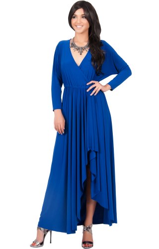 KOH KOH Women's Designer Long Sleeve Asymmetrical Drape Split Maxi Dress
