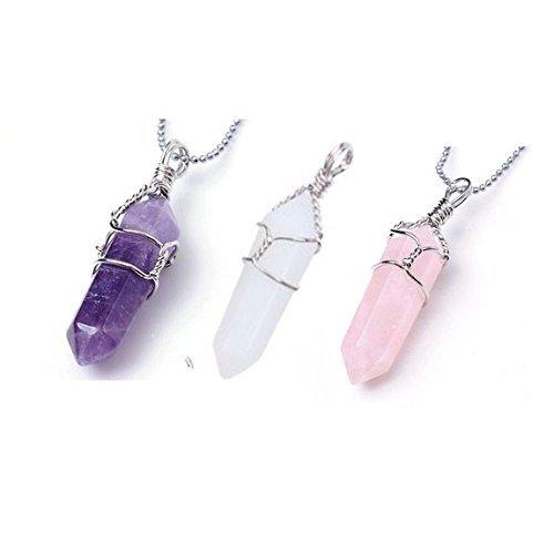 3 Double Terminated Wire Wrapped Pendant One Each of Amethyst, Quartz and Rose Quartz Pendants
