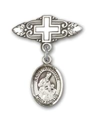 Sterling Silver Baby Badge with St. Ambrose Charm and Badge Pin with Cross