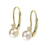 14K Yellow Gold Akoya Cultured Pearl and Diamond Earrings - 6.00mm