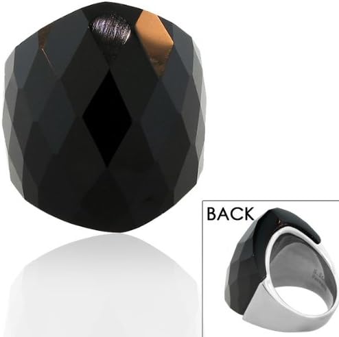 FERRARO Stainless Steel Silver-Tone Faceted Black Agate Gemstone Large Cocktail Statement Womens Ring (7)