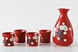 5 Piece Sake Set - Contemporary Sake Flask with Sake Cups / Red Ceramic with White Cherry Blossom Floral Design