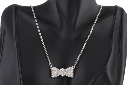 2 Pieces of Silvertone with Clear Iced Out Bow Style Pendant with a 20 Inch Adjustable Chain Necklace