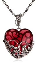 Sterling Silver Marcasite and Garnet Colored Glass Heart Pendant, 18"