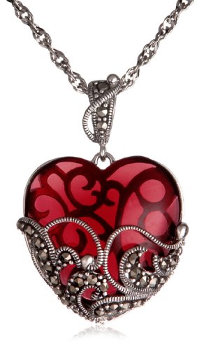 Sterling Silver Marcasite and Garnet Colored Glass Heart Pendant, 18