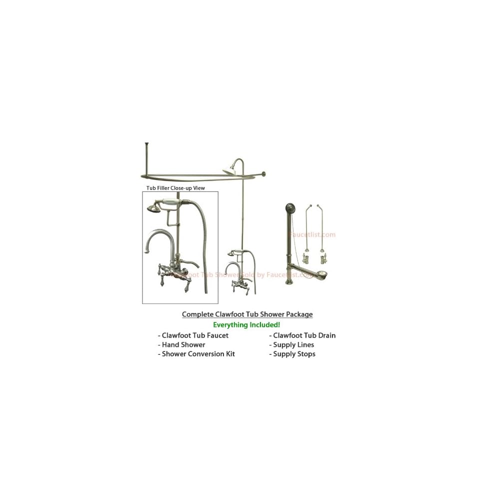 Satin Nickel Clawfoot Tub Faucet Shower Kit With Enclosure Curtain