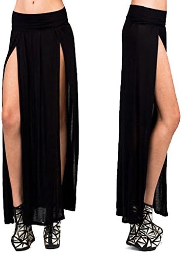 Wome's Sexy High Waisted Double Slist Open Maxi Skirt Pure Color Long Skirt (Black )