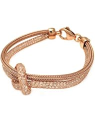 Rose Gold Plated Double Row Net With Cubic Zirconia Knot Center Sterling Silver Italian Bracelet Length 7.5 " Knot Width 16mm Lock Lobster Clasp