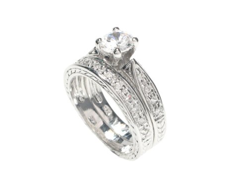 SilverBin Sterling Silver Bridal Set Eternity Style Brilliant Cut CZ Ring with Small CZ Accents