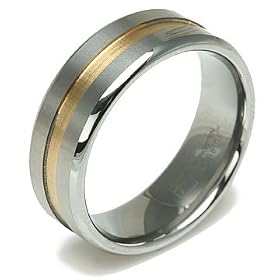 Gold Inlay Tungsten Carbide Men's Comfort-Fit Wedding Band: Jewelry