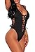 HOTAPEI Women V Neck Lace up High Cut One Piece Swimwear Medium Black