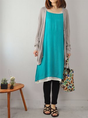 インド綿 レーヨンキャミワンピ 無地 ターコイズ ロング丈(100cmサイズ)