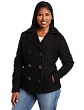 pea coat:Southpole Juniors Plus Size Contrast Color Lining Pea Coat for Free Gloves, Black, 2X
