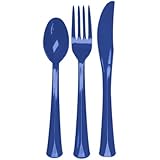 Party Essentials Extra Heavy Duty Hard Plastic Cutlery Combo Pack and Full Size Knives/Forks/Spoons, Royal Blue, 8 Place Setting-Count