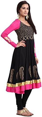 Ira Soleil Womens Ethnic Viscose Black Long Anarkali with Pink Sleeves Kurta Kurti Extra Extra Large Black
