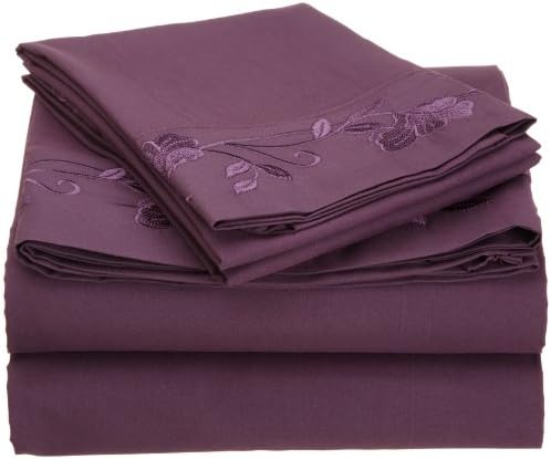 Cathay Home Fashions Luxury Silky Soft Flower Design Embroidered Microfiber Queen Sheet Set, Plum