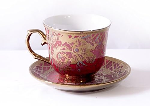 Ambilight Porcelain 6-ounce Coffee Cup and Saucer Red Chintz with Gold Trim,set of 2,Red,B1