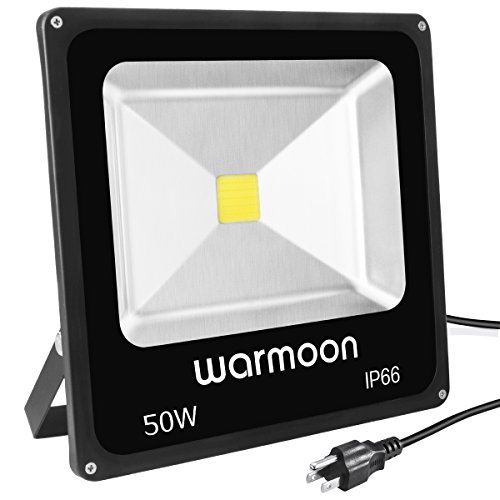 Warmoon Outdoor LED Flood Light, 50W Daylight White 6500K Waterproof Security Lights with 3-Prong US Plug