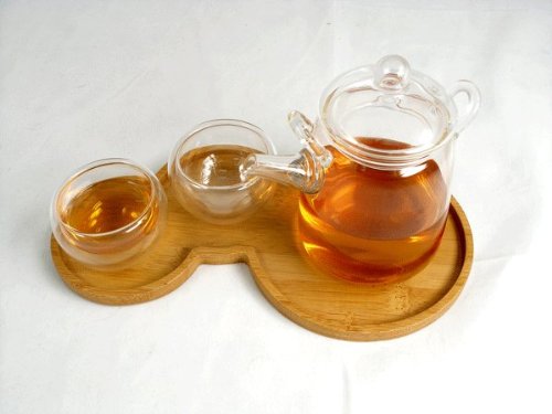 Glass Tea Pot Gift Set - Tempered Glass with Two Double Wall Cups on an Elegant Bamboo Tray