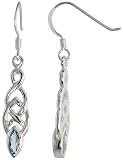 Sterling Silver Celtic Fish Hook Dangle Earrings, w/ Marquise Cut Natural Blue Topaz Stones, 1 1/2" (38mm) tall