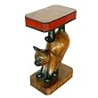 Handmade Asian Furniture - 20" Carved End Table - Stretching Cat Design & Painted Accents