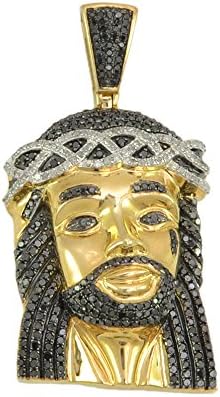 10k Yellow Gold Polished Black Colored Diamond Mens Jesus Christ 3D Head Piece Charm Pendant 1.00 Cttw