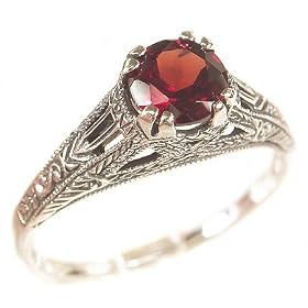 Sterling Edwardian Filigree Garnet Ring by Janeliunas Jewelry
